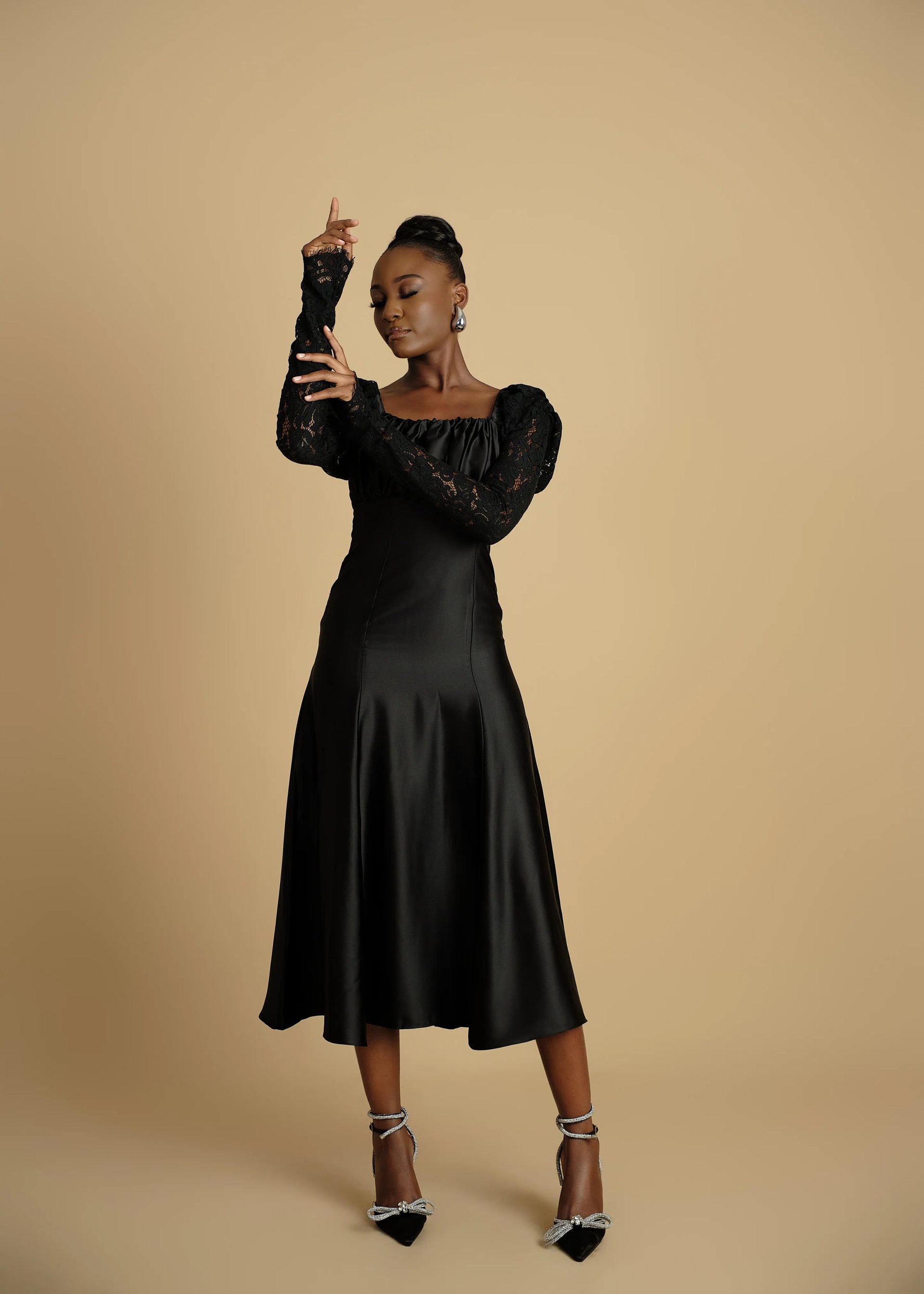 Cladini Black Lace sleeved Flared Dress  Afijjio